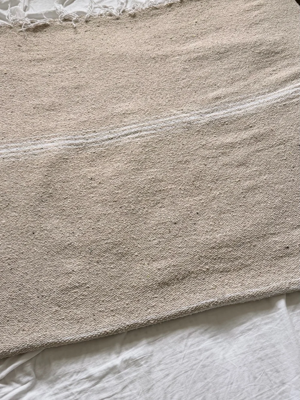 Woven Cotton Picnic Blanket Beige Striped Fringe Boho Farmhouse